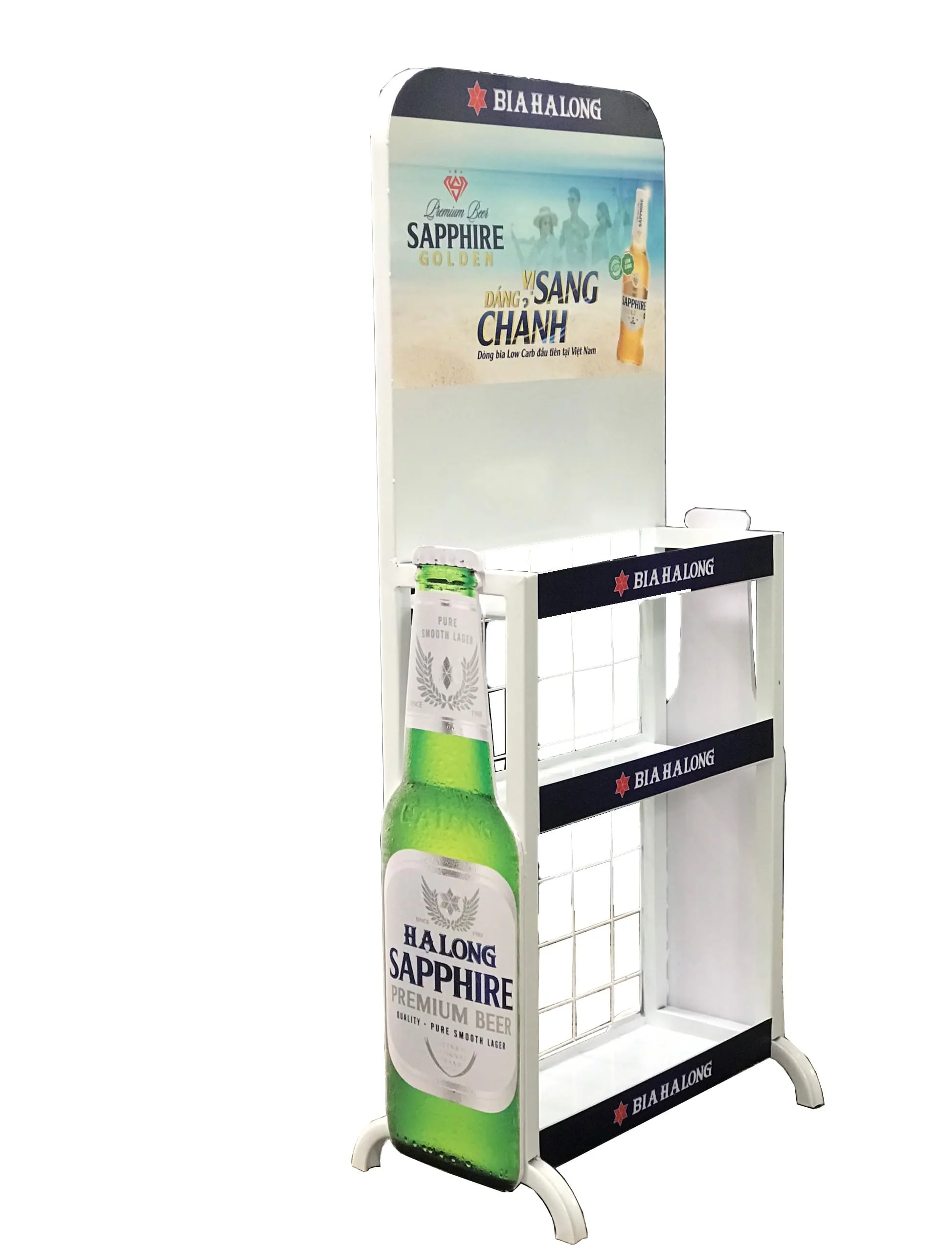 Kệ quảng cáo bia Hạ Long Thành Đạt, thiết kế chắc chắn, nhiều tầng, màu sắc thương hiệu nổi bật, dùng trưng bày sản phẩm bia tại siêu thị và đại lý.